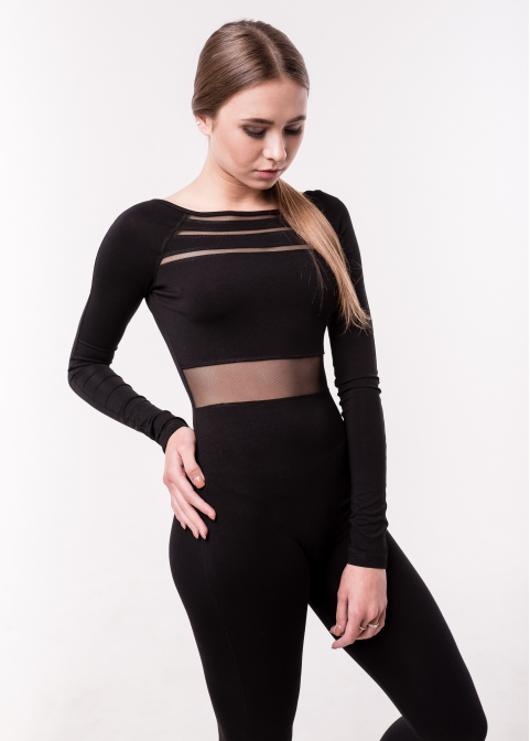 BASE Black jumpsuit with sleeve, with mesh back
