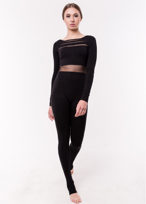 BASE black jumpsuit with sleeve, back with knitted fabric