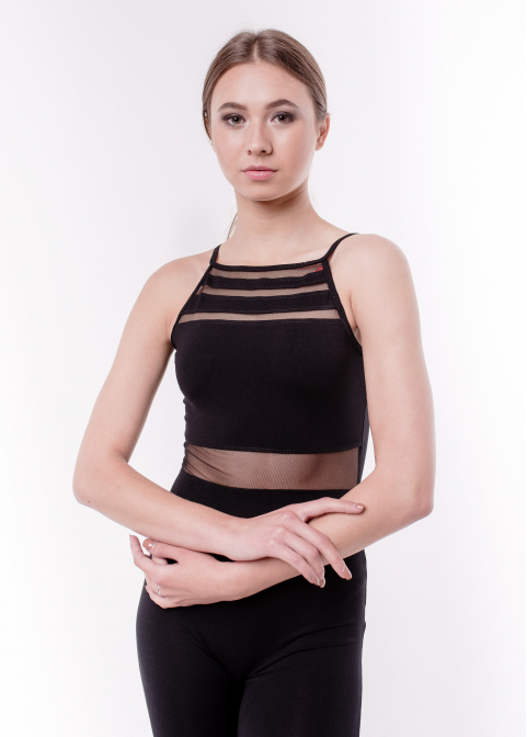 BASE black sleeveless jumpsuit, with mesh back